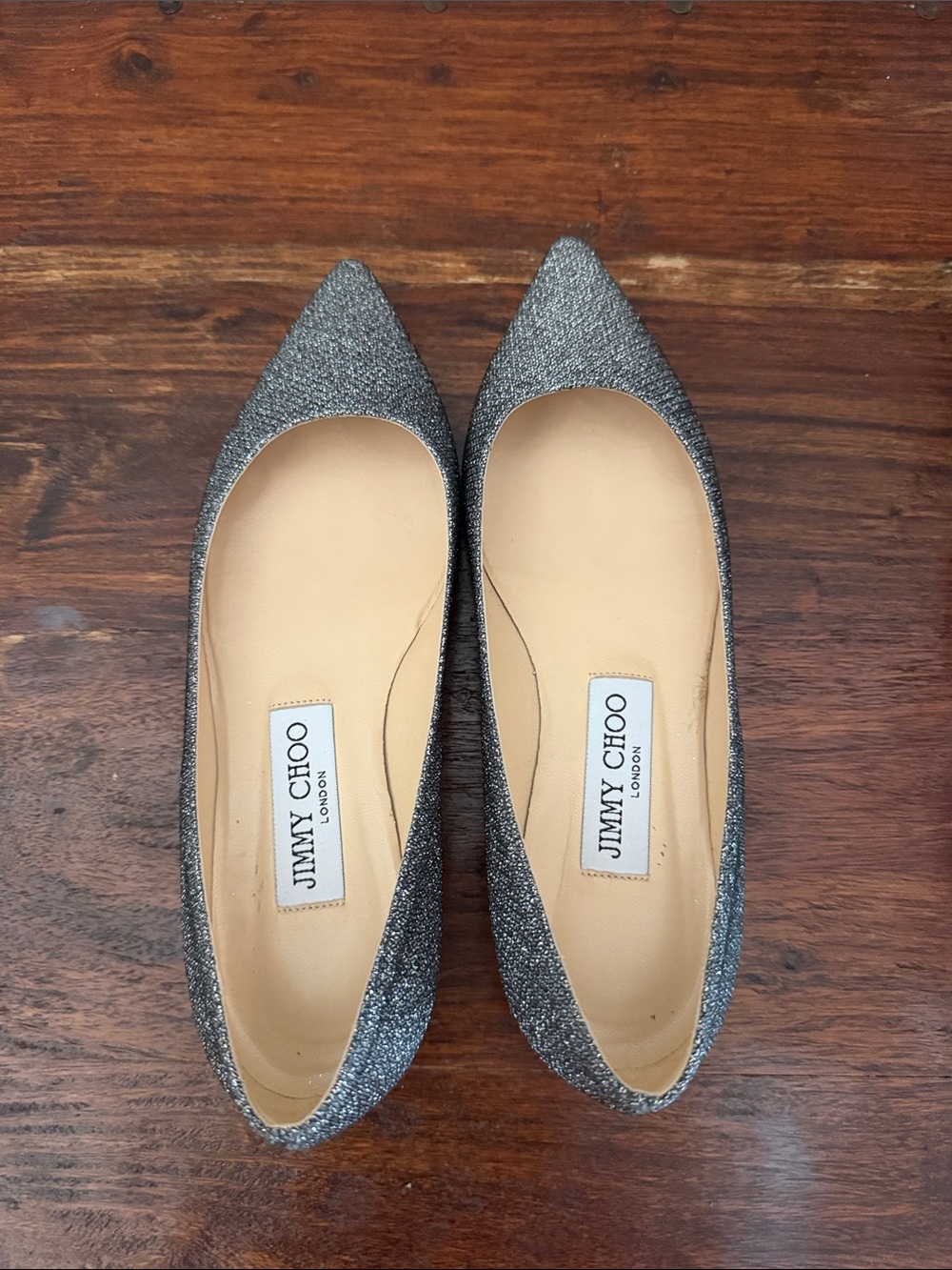 Jimmy Choo Silver Glitter Pointed Ballet Flats